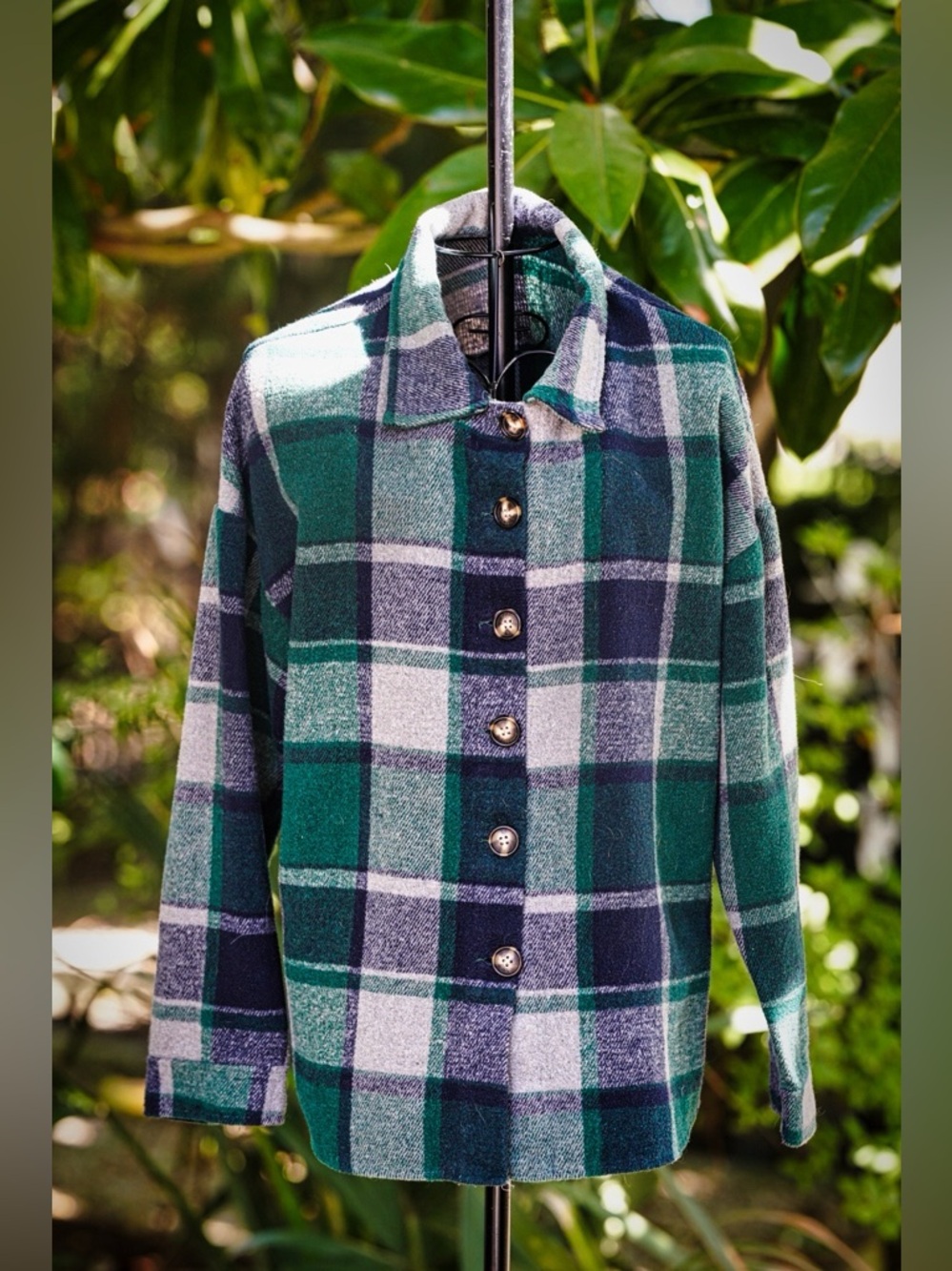 Green & Navy Plaid Flannel Shacket - Oversized Button Down - Picture 7 of 7